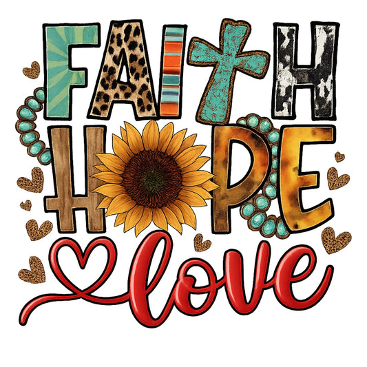 DTF Heat Transfer Iron On Sticker, Boho “Faith Hope Love” Graphic, for Spiritual Apparel and Cozy Decor