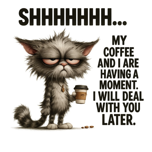 DTF Heat Transfer Iron On Sticker, Funny Coffee - Loving Cat Graphic, for Humor - Filled Apparel and Cat - Lover Decor