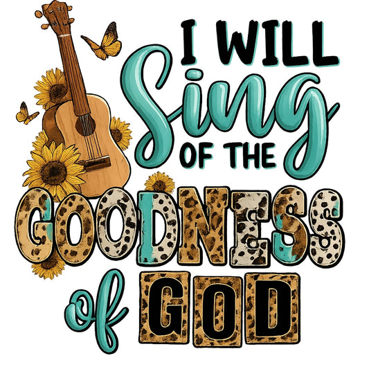 DTF Heat Transfer Iron On Sticker, Christian Praise Design with Guitar, Sunflowers & Butterflies, for Faith, Based Apparel & Worship Merch