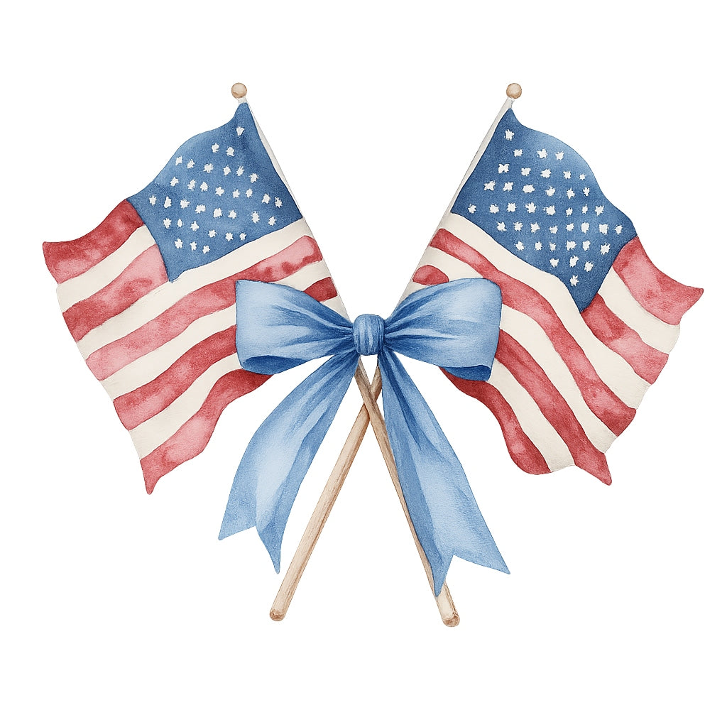 DTF Heat Transfer Iron On Sticker, Watercolor American Flag with Blue Bow Design, for Patriotic Apparel and Independence Day Decor