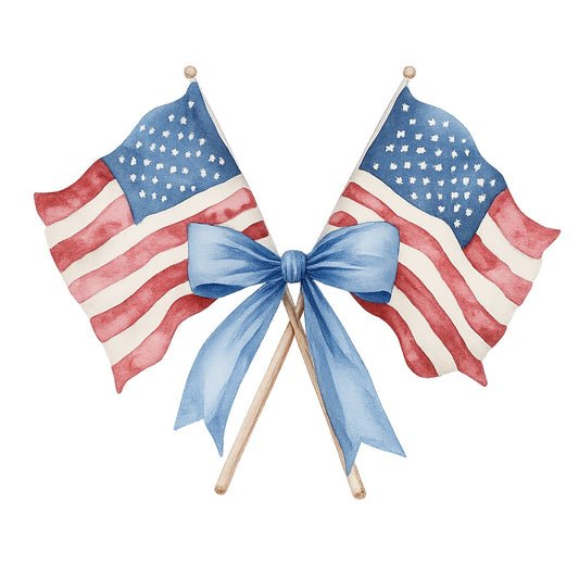 DTF Heat Transfer Iron On Sticker, Watercolor American Flag with Blue Bow Design, for Patriotic Apparel and Independence Day Decor