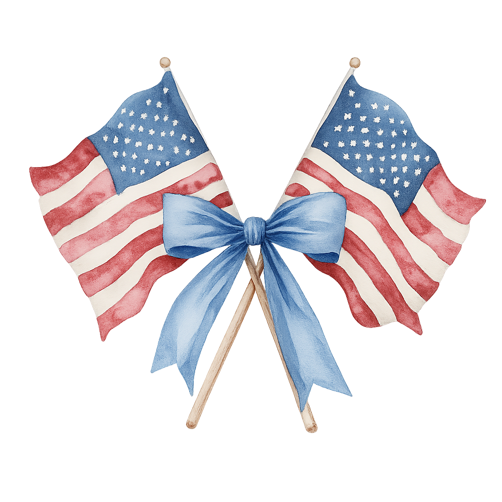 DTF Heat Transfer Iron On Sticker, Watercolor American Flag with Blue Bow Design, for Patriotic Apparel and Independence Day Decor