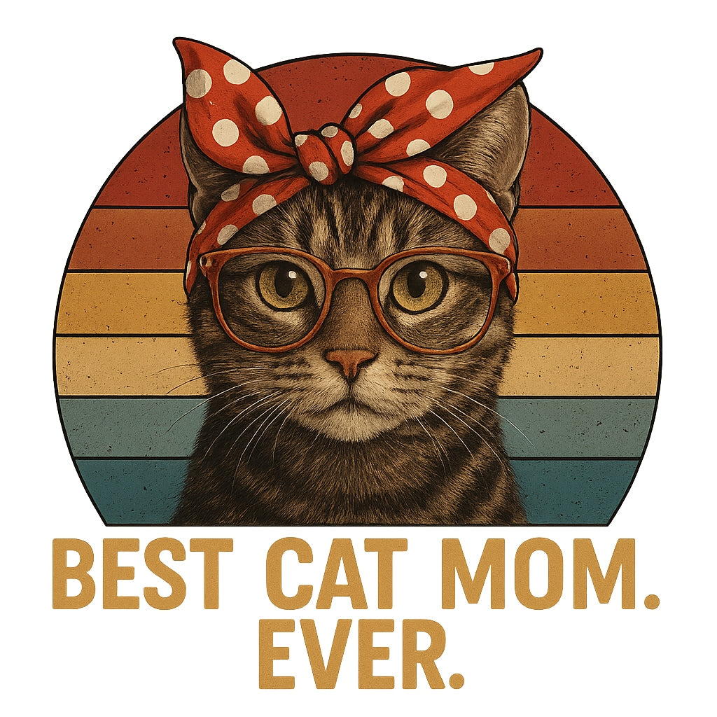 Retro Best Cat Mom Ever Iron-On Transfer – Realistic Tabby Cat with Glasses & Bandana | Heat Press Decal for T-Shirts, Bags & Gifts