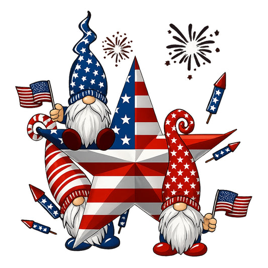 DTF Heat Transfer Iron On Sticker, Patriotic Gnome 4th of July Graphic, for Independence Day Apparel and Celebration Decor