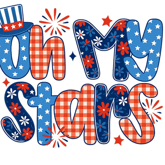 DTF Heat Transfer Iron On Sticker, Patriotic Oh My Stars Graphic, for 4th of July Apparel and Independence Day Decor