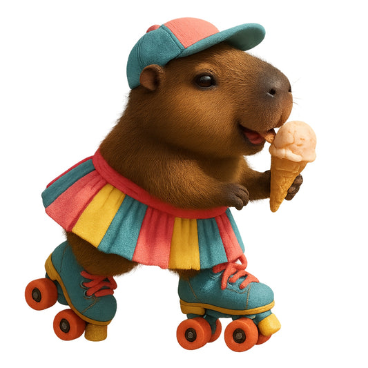 DTF Heat Transfer Iron On Sticker, Cute Capybara With Roller Skates & Ice Cream Graphic, For Fun Loving Apparel And Playful Decor