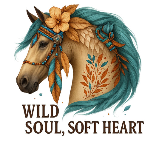 DTF Heat Transfer Iron On Sticker, Artistic Boho Horse with Floral Accents & Inspirational Text, for Bohemian Fashion & Nature - Lover Gifts