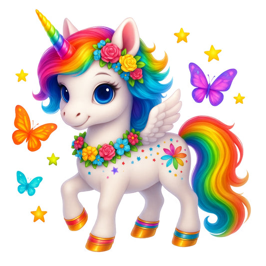 DTF Heat Transfer Iron On Sticker，Rainbow Unicorn with Wings, Flowers, and Stars Design for DIY Shirt, Fantasy Lover Gift, Magical Aesthetic Apparel Decoration