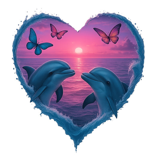 DTF Heat Transfer Iron On Sticker，Romantic Dolphins Heart with Sunset Ocean and Butterflies Design for DIY Shirt, Beachwear, Couple Gift, Aesthetic Summer Vibe