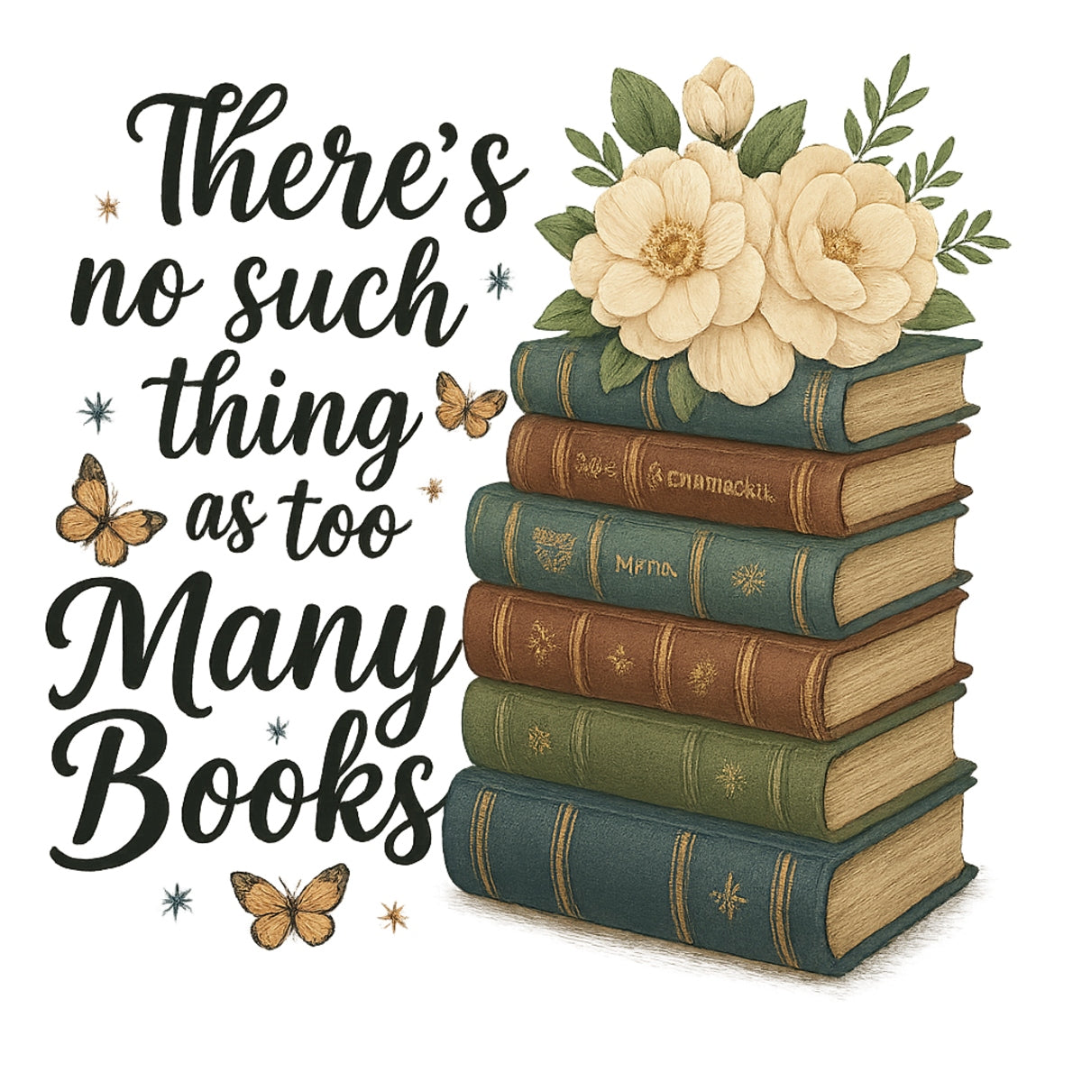 DTF Heat Transfer Iron On Sticker，Vintage Book Stack with Flowers & Butterflies Design for Book Lovers, Aesthetic Library Decor, DIY Reading Shirt or Tote