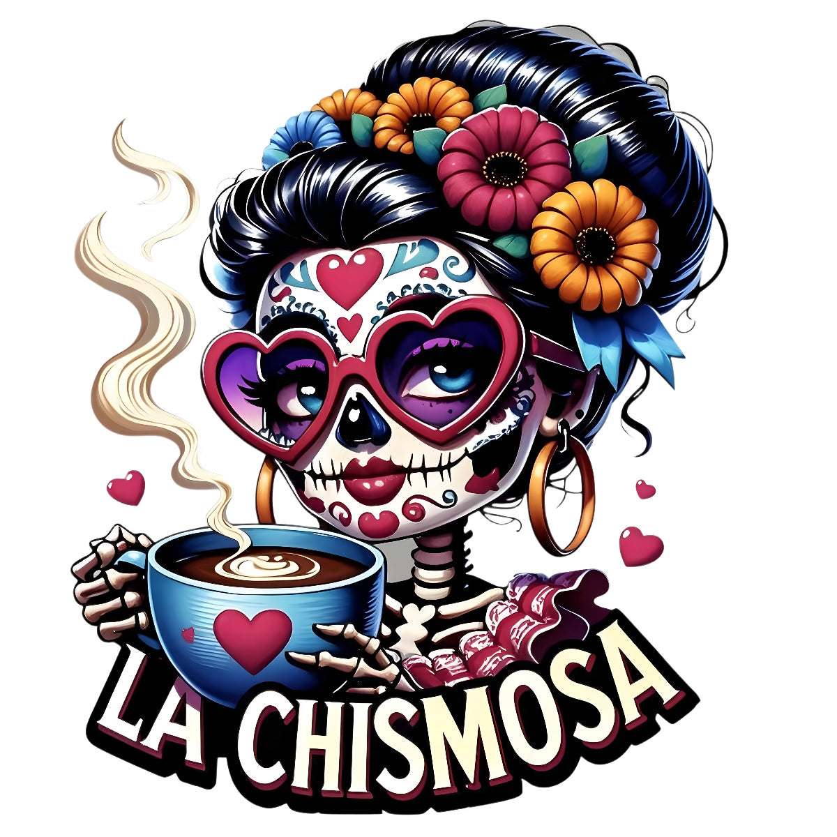 DTF Heat Transfer Iron On Sticker ，LA CHISMOSA Retro Halloween Merch for Clothing, Tote Bags, Party Decor , High Saturation Colors Skull Sticker with Pink Heart Sunglasses and Golden Hoop Earrings