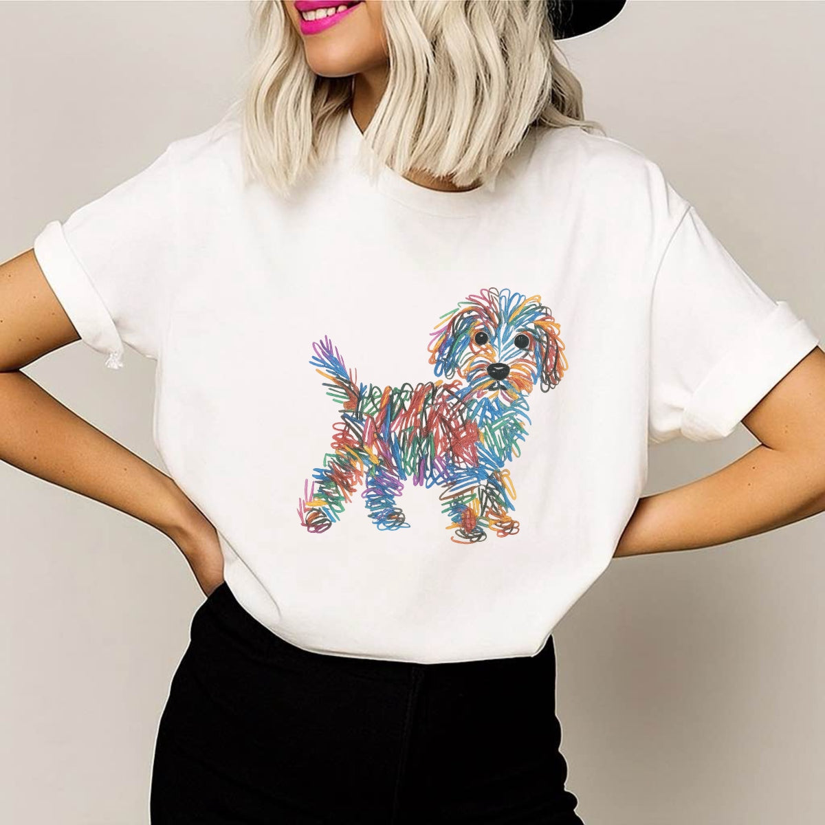 DTF Heat Transfer Iron On Sticker, Colorful Doodle Dog Graphic, For Artistic Apparel And Pet, Lover Decor