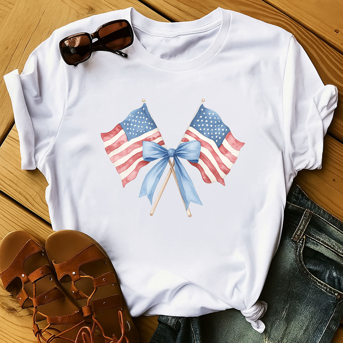 DTF Heat Transfer Iron On Sticker, Watercolor American Flag with Blue Bow Design, for Patriotic Apparel and Independence Day Decor