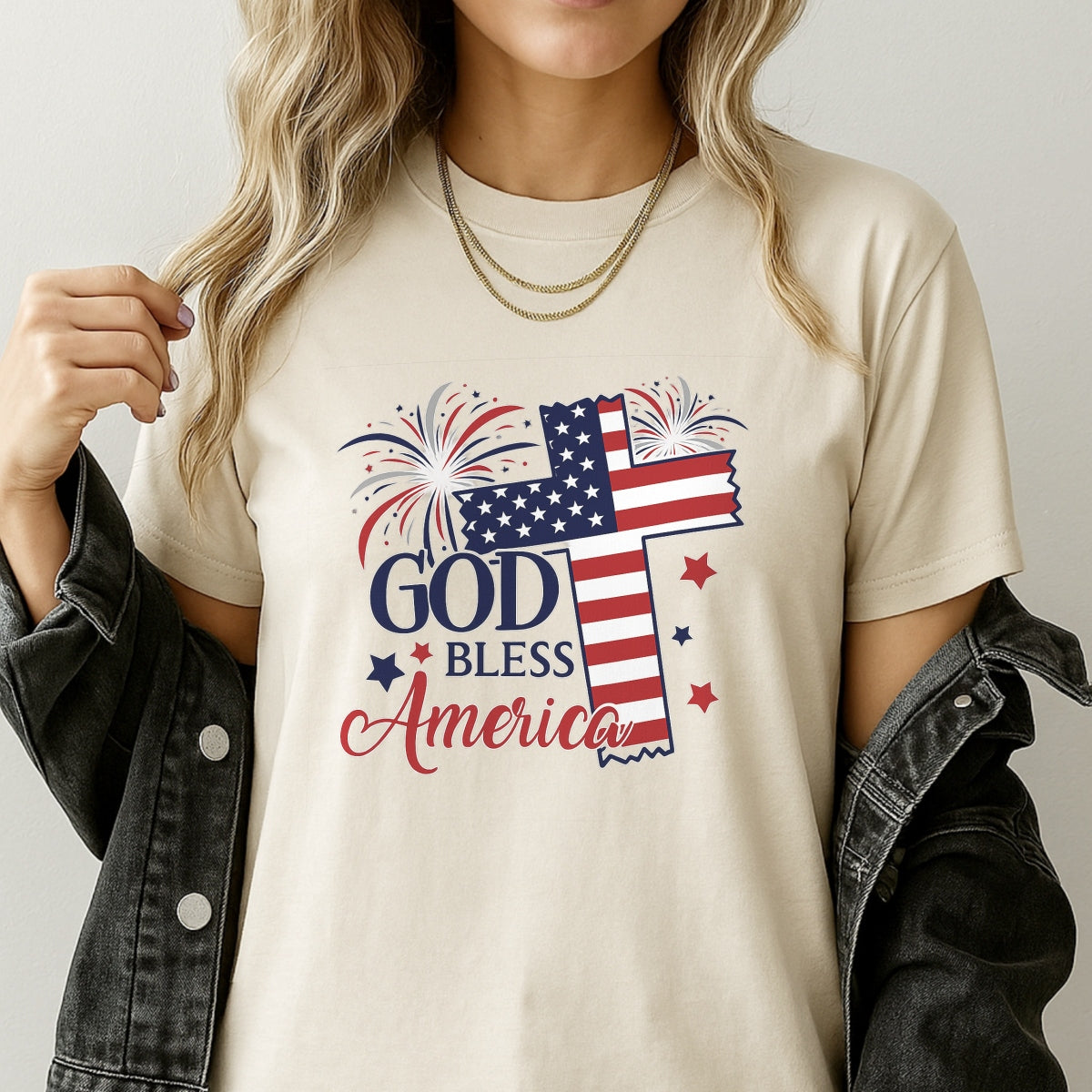 DTF Heat Transfer Iron On Sticker, Patriotic God Bless America Graphic, for 4th of July Apparel and Independence Day Decor