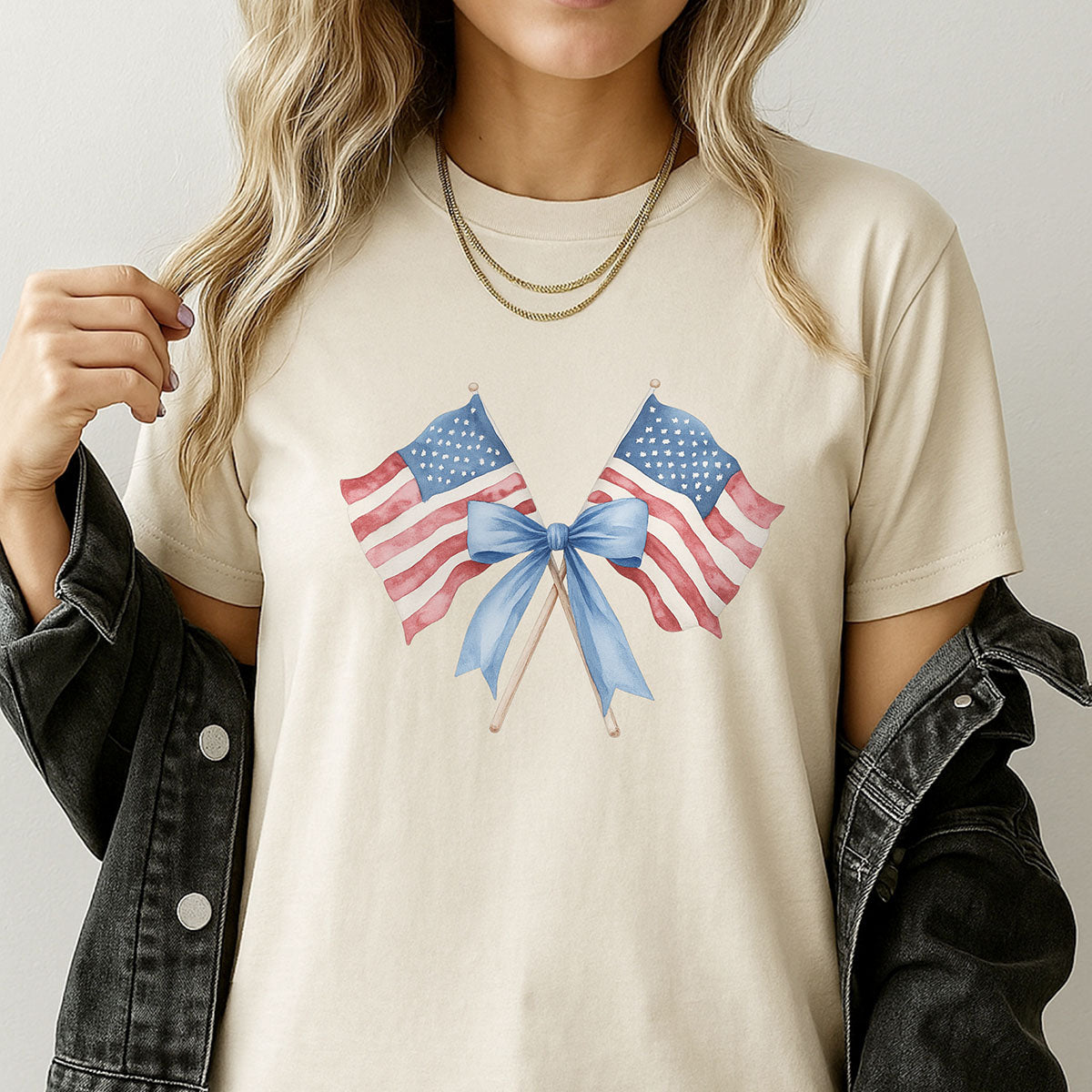 DTF Heat Transfer Iron On Sticker, Watercolor American Flag with Blue Bow Design, for Patriotic Apparel and Independence Day Decor