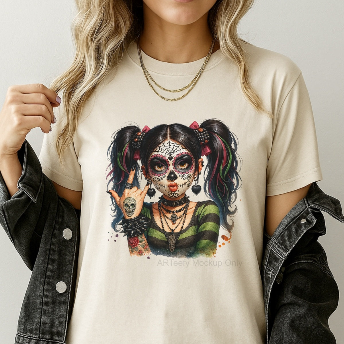 DTF Heat Transfer Iron On Sticker, Halloween Themed Stylish Sugar Skull Girl Elements, For Spooky Season Edgy Apparel and Halloween Party Decor