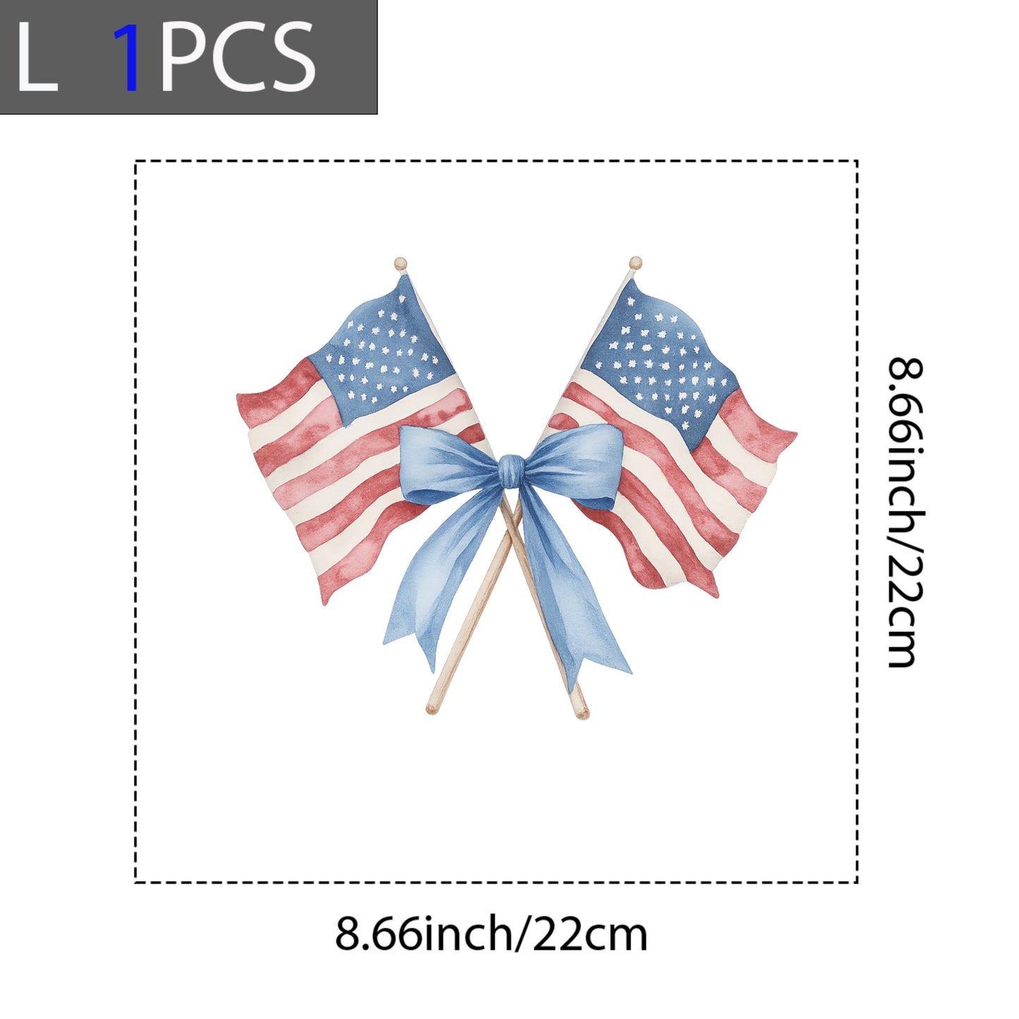 DTF Heat Transfer Iron On Sticker, Watercolor American Flag with Blue Bow Design, for Patriotic Apparel and Independence Day Decor