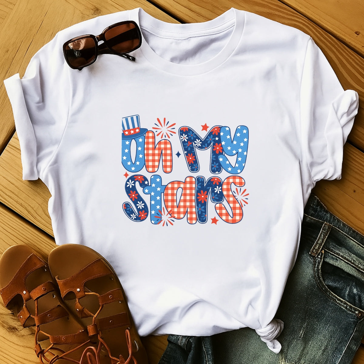DTF Heat Transfer Iron On Sticker, Patriotic Oh My Stars Graphic, for 4th of July Apparel and Independence Day Decor