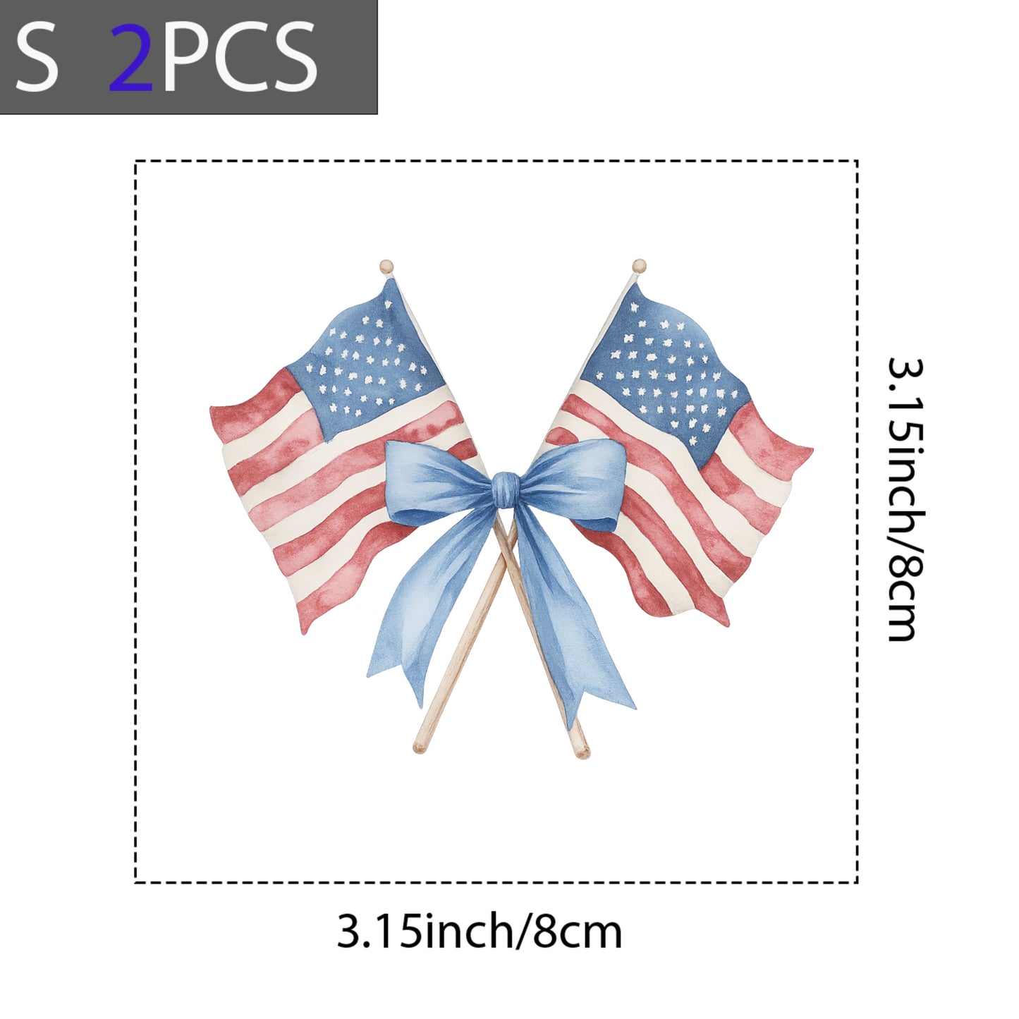 DTF Heat Transfer Iron On Sticker, Watercolor American Flag with Blue Bow Design, for Patriotic Apparel and Independence Day Decor