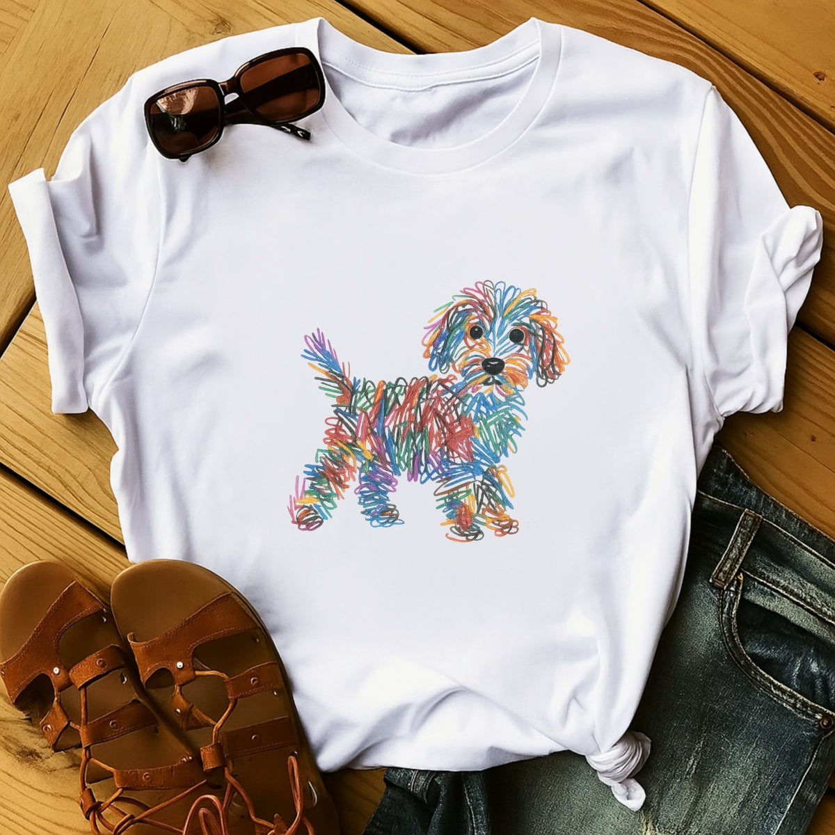 DTF Heat Transfer Iron On Sticker, Colorful Doodle Dog Graphic, For Artistic Apparel And Pet, Lover Decor