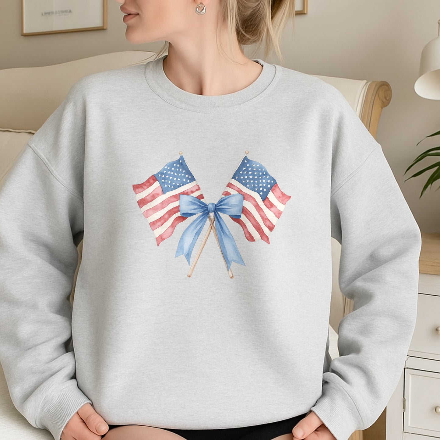 DTF Heat Transfer Iron On Sticker, Watercolor American Flag with Blue Bow Design, for Patriotic Apparel and Independence Day Decor