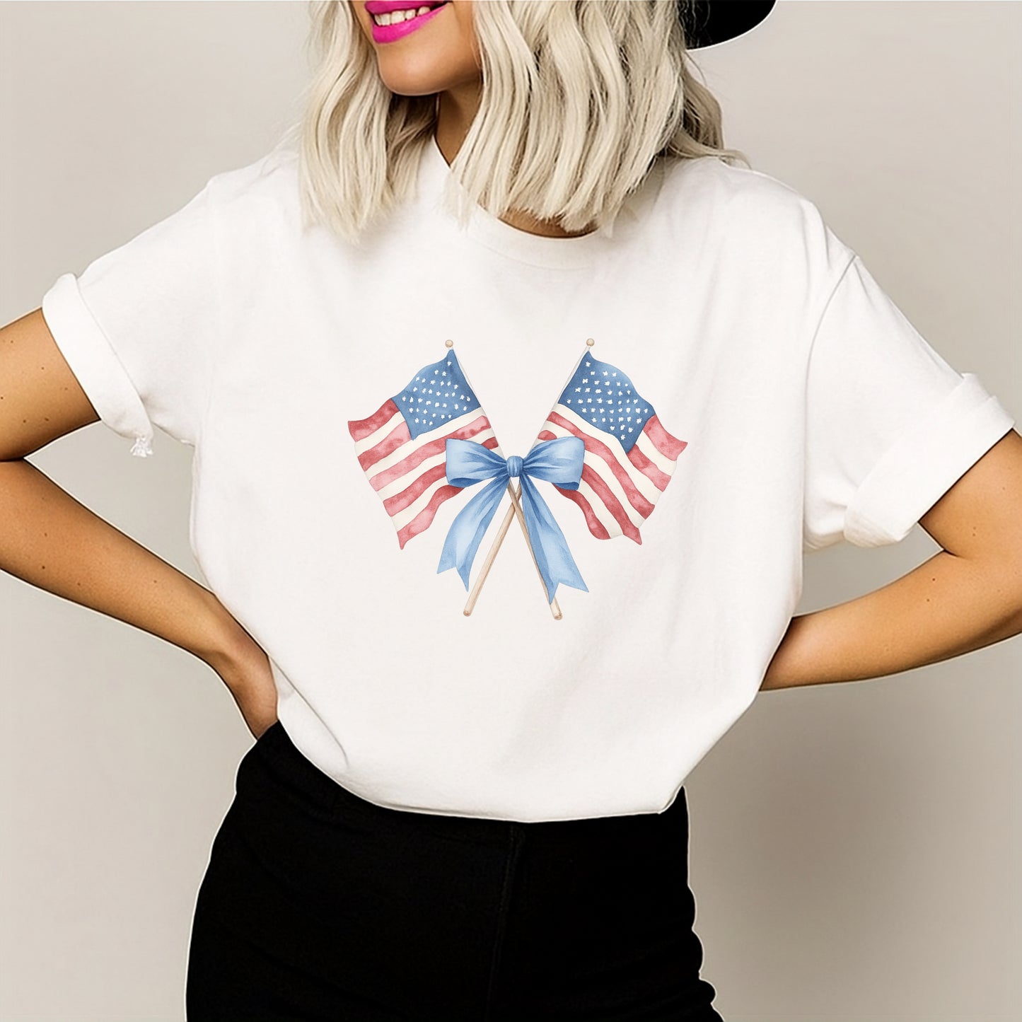 DTF Heat Transfer Iron On Sticker, Watercolor American Flag with Blue Bow Design, for Patriotic Apparel and Independence Day Decor