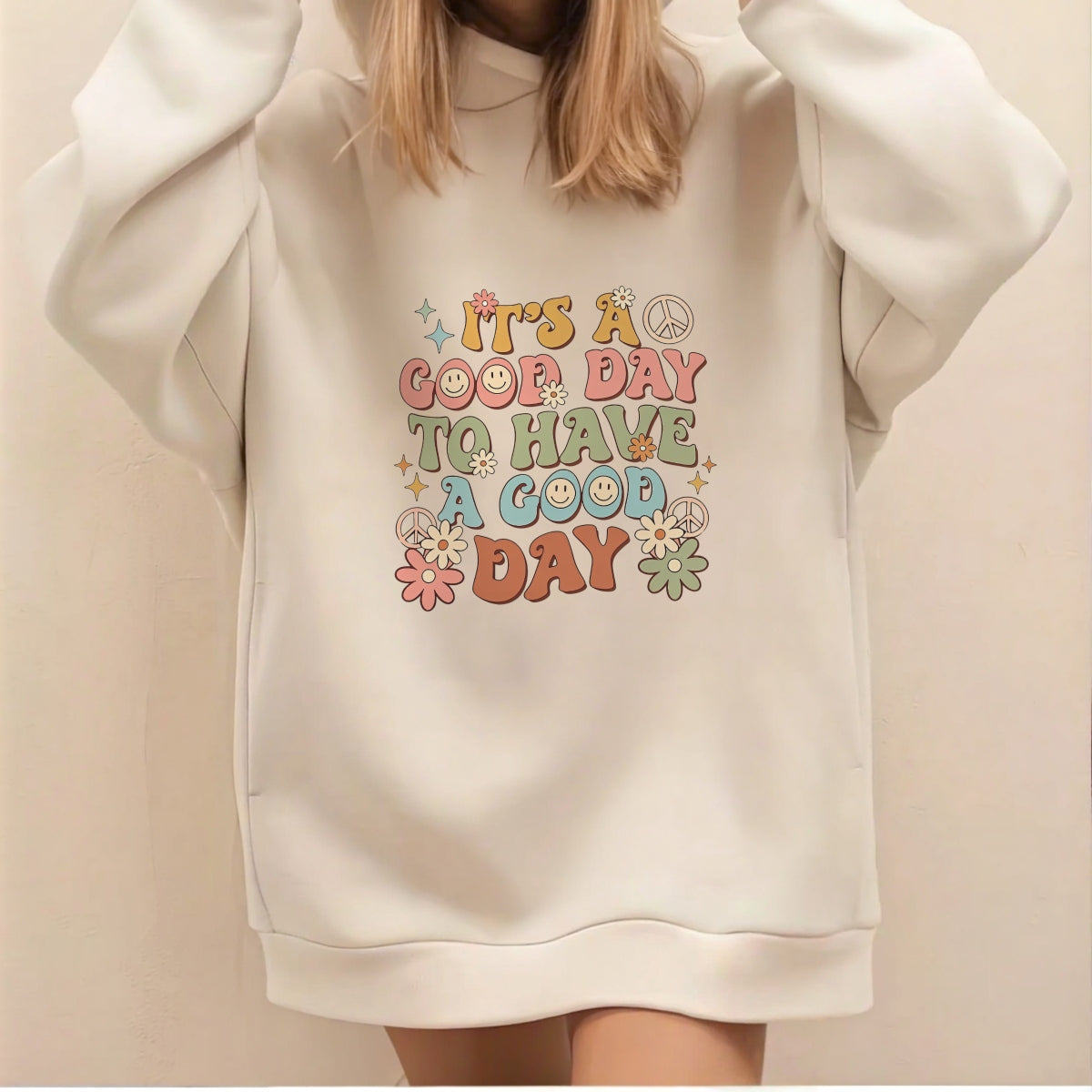 DFT Iron-on TransfersGroovy Peace Flower DTF Iron-On Transfer Sticker，'It's a Good Day' Retro Hippie Design，Vibrant Smiley Face & Floral Motif for Apparel, Tote Bags