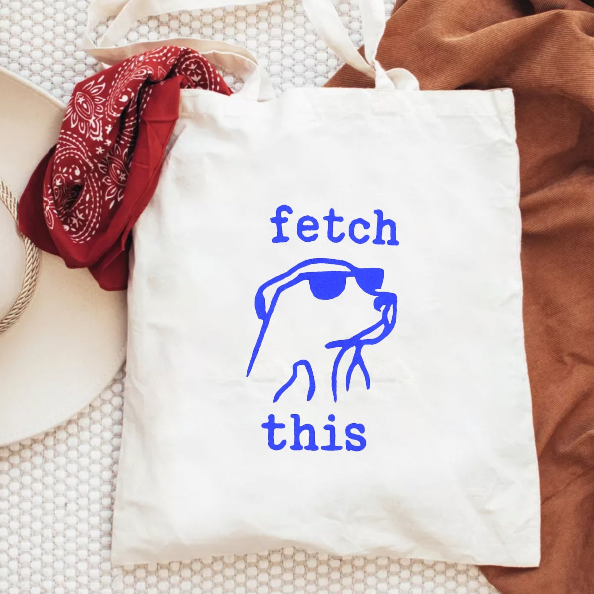 DTF Heat Transfer Iron On Sticker，  Chill Pup with Sunglasses ，  "Fetch This" Bold Blue Typography ，  Modern Minimalist Pet Sticker for Party Outfits, Tote Bags and DIY Crafts