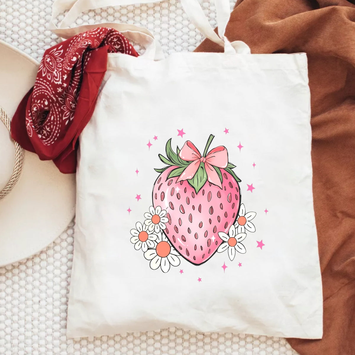 DTF Heat Transfer Iron On Sticker ， Heart-Shaped Strawberry with Bow and Daisies,   Feminine Home Decor and Clothing Accent Sticker for T-Shirts, Hoodies, Aprons