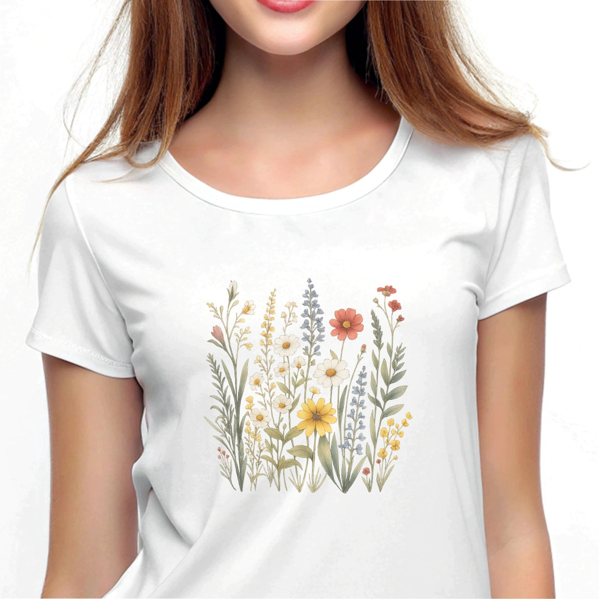 Wildflower DTF Transfer for T-Shirts ， Vintage Botanical Floral Iron-On Decal,  Full Color Waterproof Heat Press Sticker for DIY Shirts, Bags