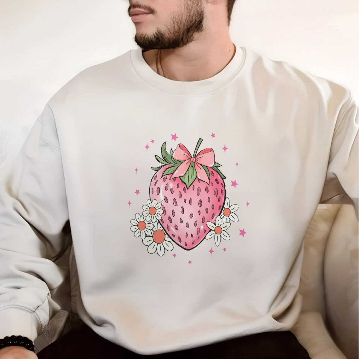 DTF Heat Transfer Iron On Sticker ， Heart-Shaped Strawberry with Bow and Daisies,   Feminine Home Decor and Clothing Accent Sticker for T-Shirts, Hoodies, Aprons