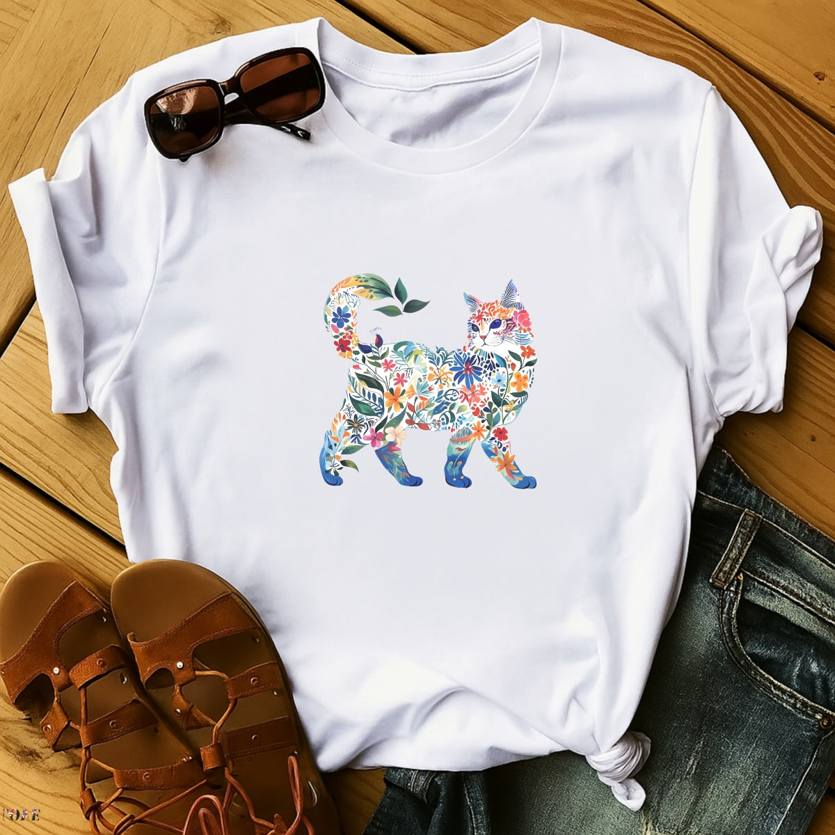 Floral Cat DTF Iron-On Transfer Decal ， Vibrant Watercolor Cat Art Sticker ， DIY Craft Supply for Apparel & Home Decor Eye， Catching Floral Silhouette Decal with Bold Orange Pink Blue Colors, Easy to Apply Watercolor Sticker