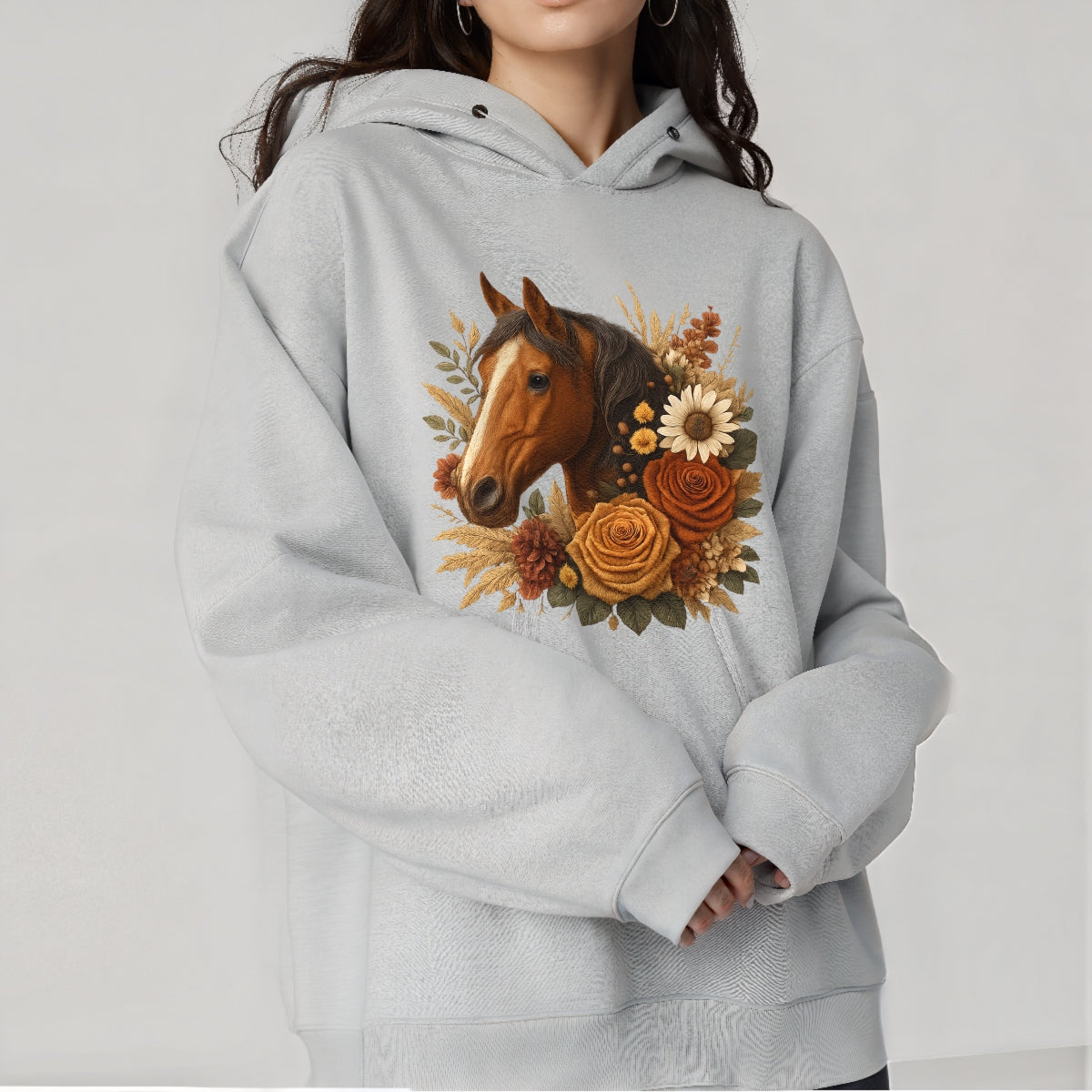Realistic Horse DTF Transfer ， Autumn Floral Western Iron On Decal for T-Shirts, Hoodies, Tote Bags ， DIY Heat Press Animal Print for Country Cowboy Style