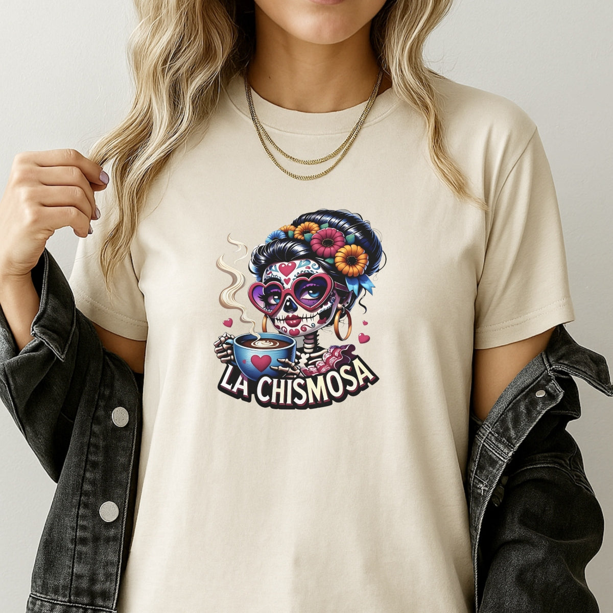 DTF Heat Transfer Iron On Sticker ，LA CHISMOSA Retro Halloween Merch for Clothing, Tote Bags, Party Decor , High Saturation Colors Skull Sticker with Pink Heart Sunglasses and Golden Hoop Earrings