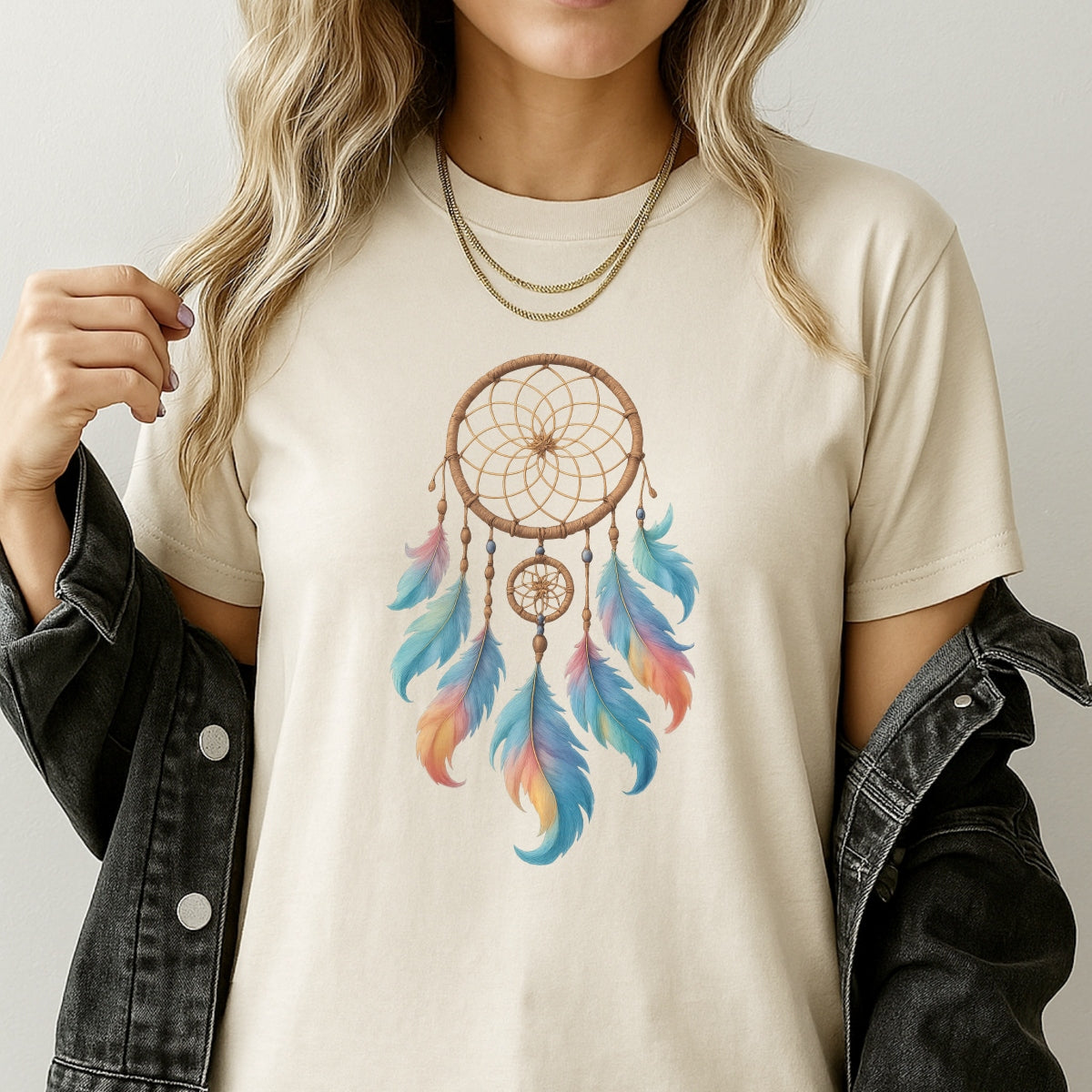 Boho Dreamcatcher DTF Transfer for T-Shirts ，  Vibrant Feather Heat Press Iron-On Patch ， DIY Clothing Decoration ， Watercolor Tribal Printable Decal ， Cute Spiritual Western Style