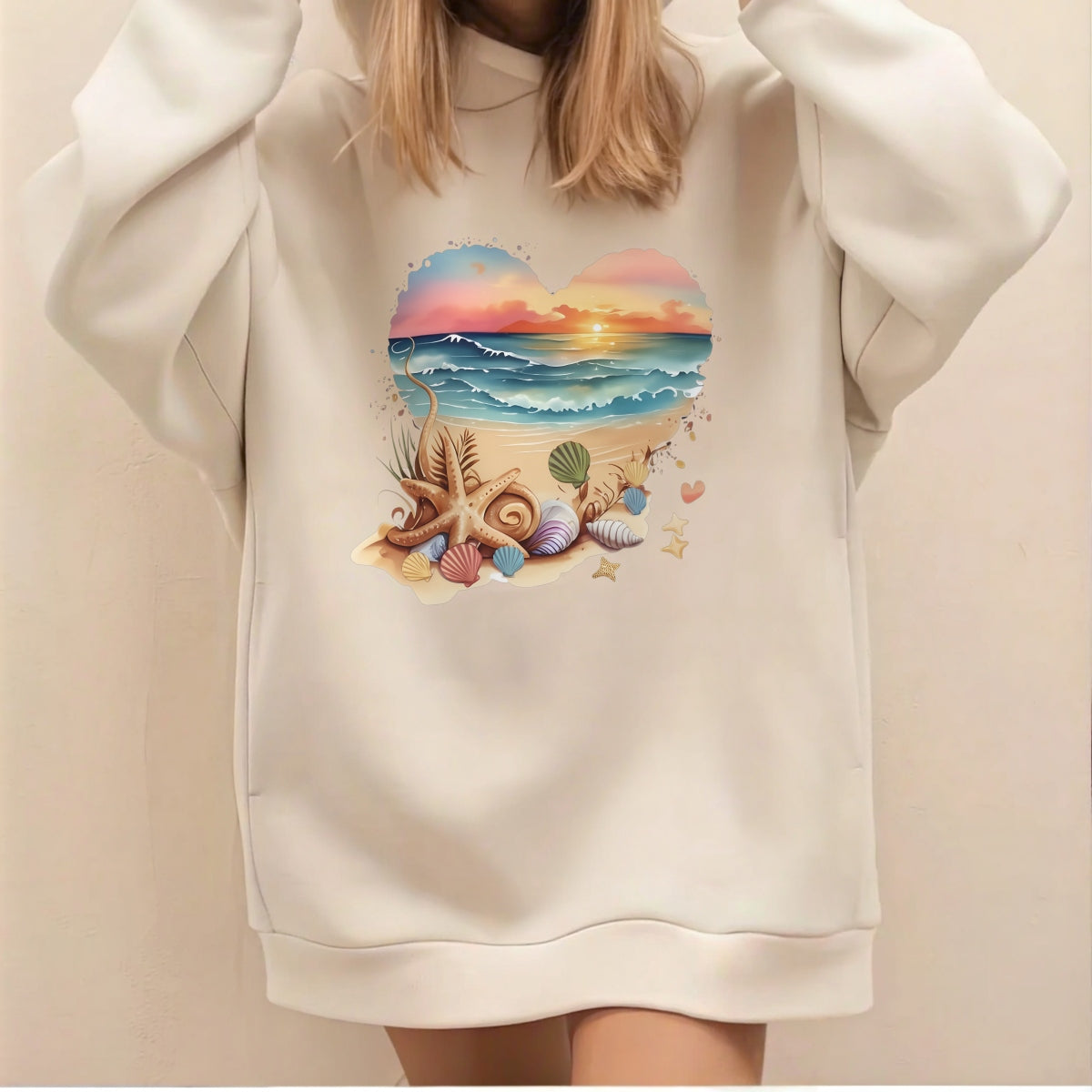 DTF Heat Transfer Iron On Sticker ，  Heart-Shaped Beach Sunset Scene with Seashells and Starfish , Tropical Vacation Merch for Clothing, Tote Bags