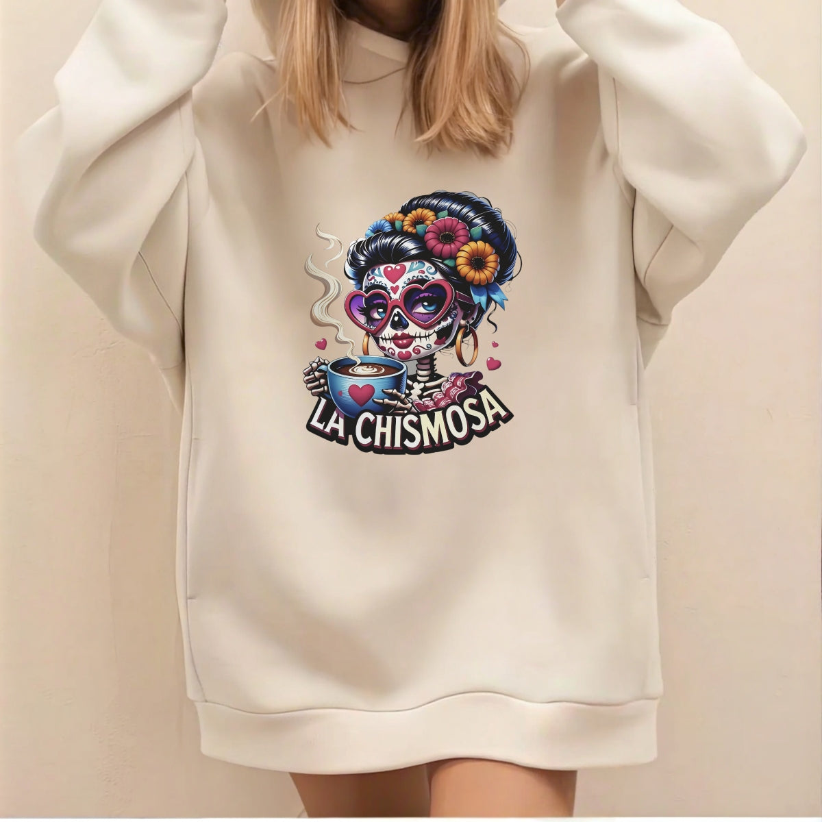 DTF Heat Transfer Iron On Sticker ，LA CHISMOSA Retro Halloween Merch for Clothing, Tote Bags, Party Decor , High Saturation Colors Skull Sticker with Pink Heart Sunglasses and Golden Hoop Earrings