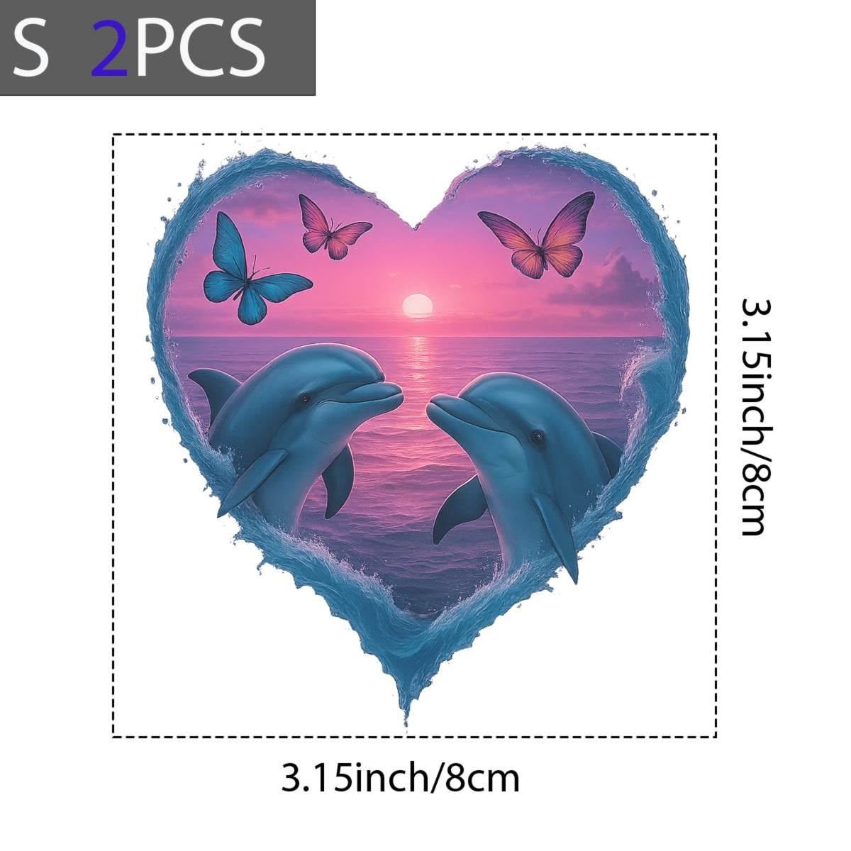 DTF Heat Transfer Iron On Sticker，Romantic Dolphins Heart with Sunset Ocean and Butterflies Design for DIY Shirt, Beachwear, Couple Gift, Aesthetic Summer Vibe
