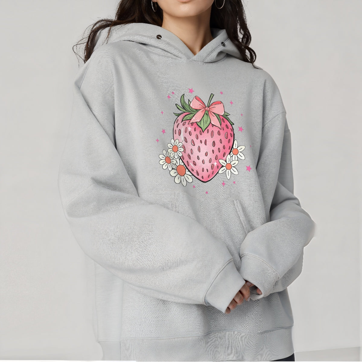 DTF Heat Transfer Iron On Sticker ， Heart-Shaped Strawberry with Bow and Daisies,   Feminine Home Decor and Clothing Accent Sticker for T-Shirts, Hoodies, Aprons