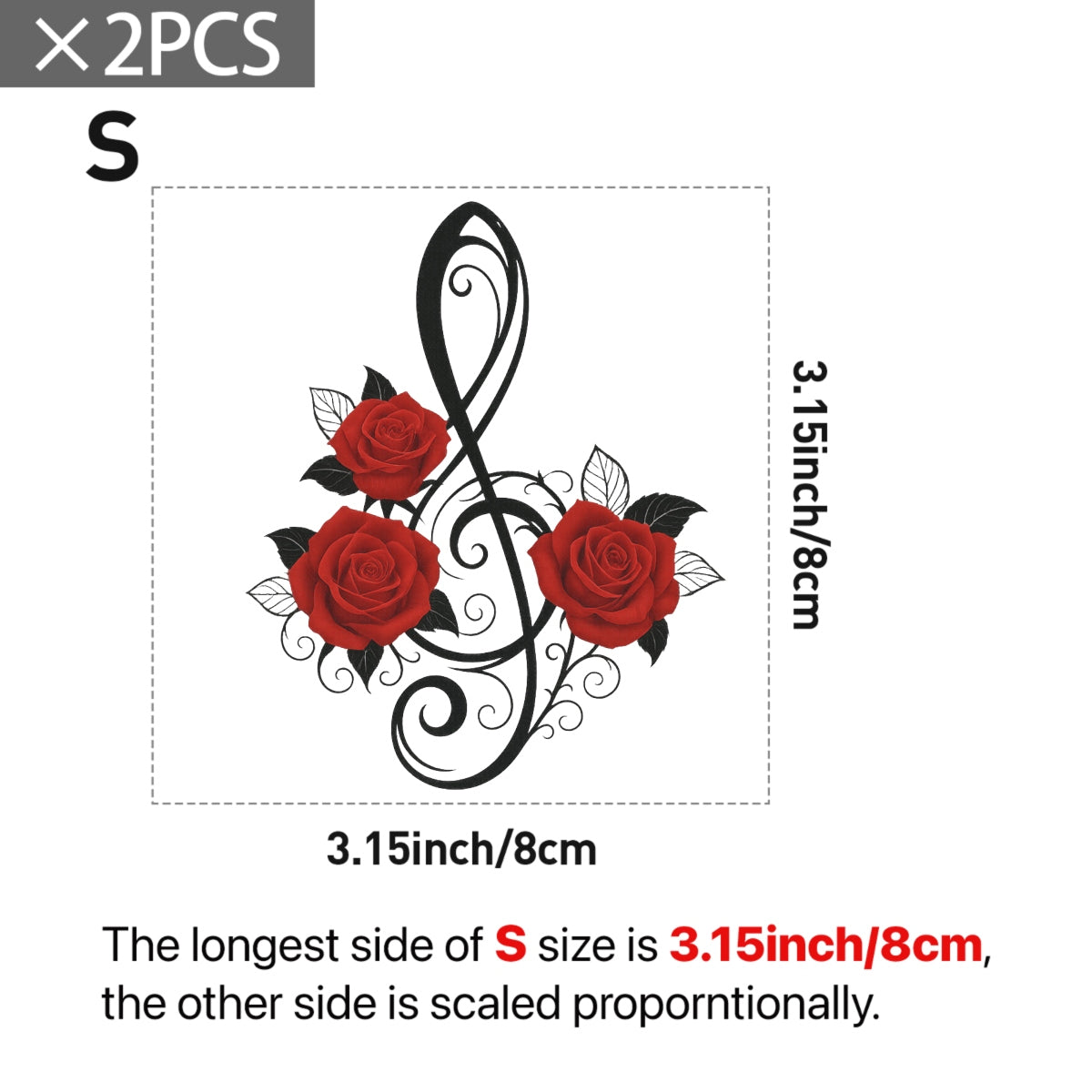 Music Note Rose Iron On Transfer for T-Shirts , DTF Heat Transfer Patch , Red Rose Floral Treble Clef Decal for DIY Clothing, Bags