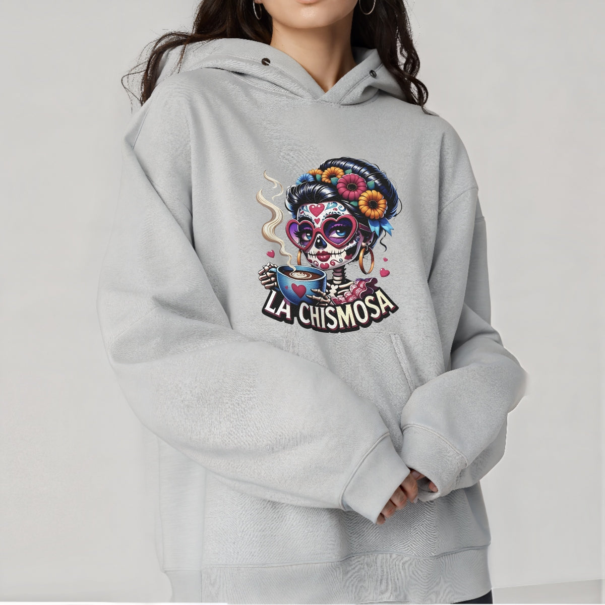 DTF Heat Transfer Iron On Sticker ，LA CHISMOSA Retro Halloween Merch for Clothing, Tote Bags, Party Decor , High Saturation Colors Skull Sticker with Pink Heart Sunglasses and Golden Hoop Earrings