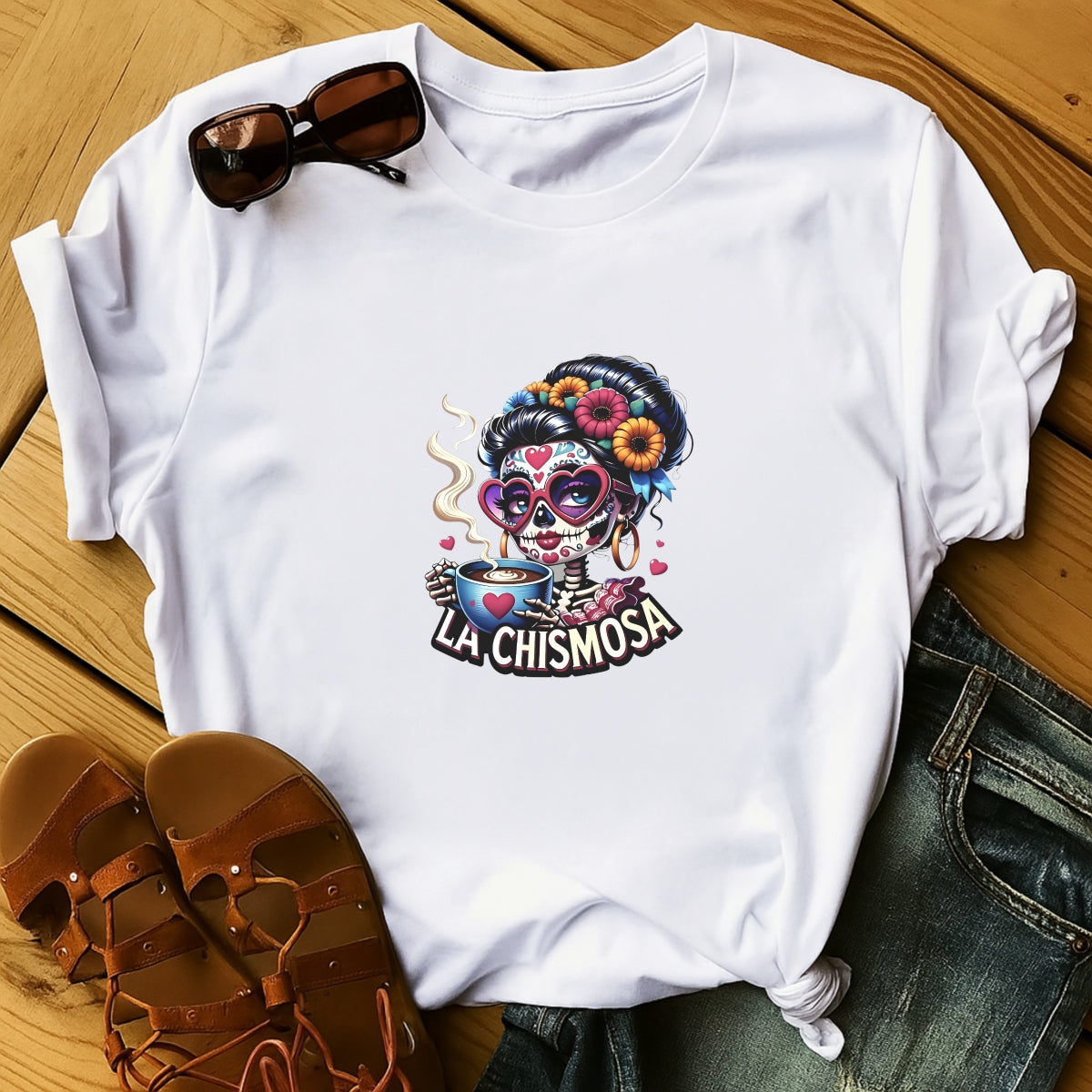 DTF Heat Transfer Iron On Sticker ，LA CHISMOSA Retro Halloween Merch for Clothing, Tote Bags, Party Decor , High Saturation Colors Skull Sticker with Pink Heart Sunglasses and Golden Hoop Earrings
