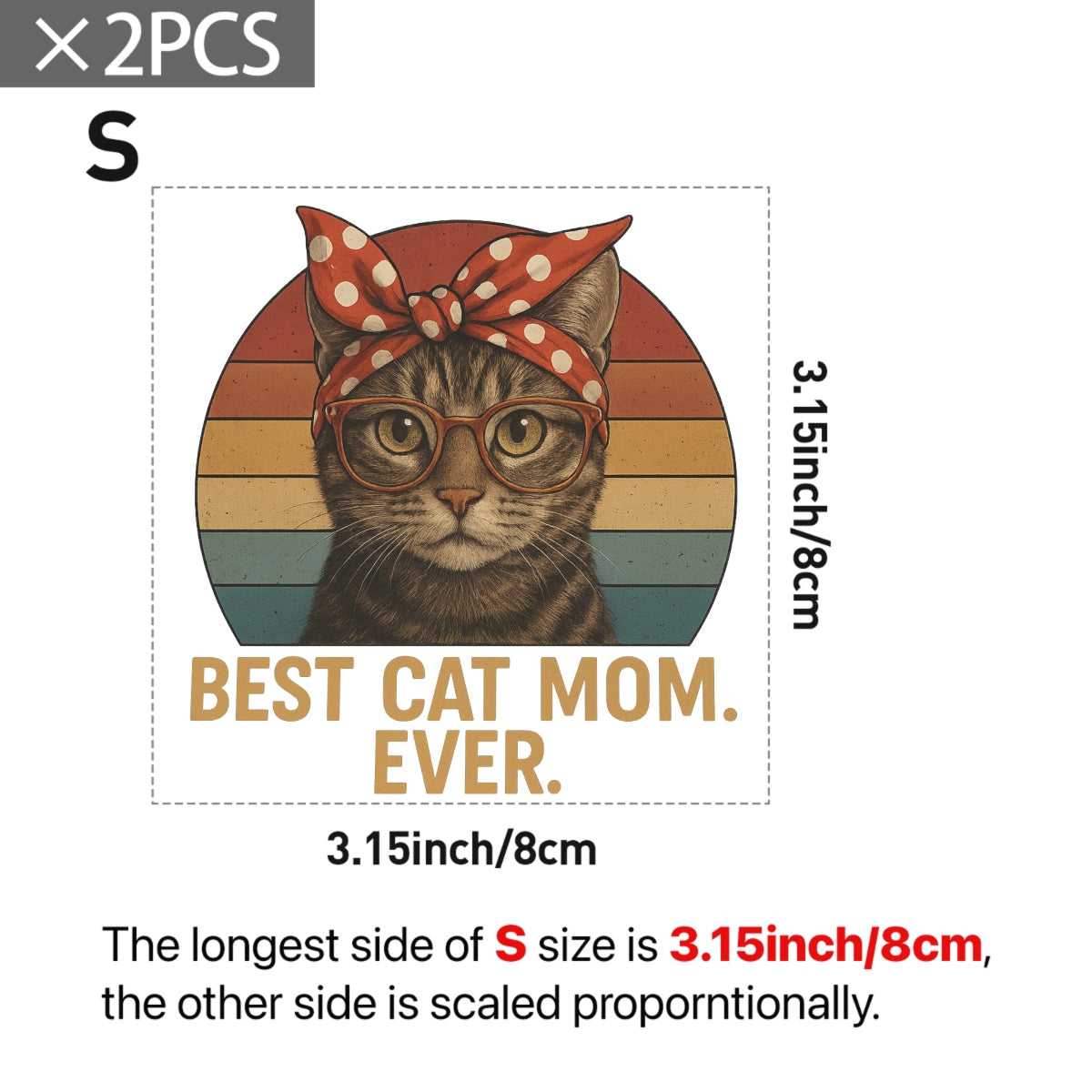 Retro Best Cat Mom Ever Iron-On Transfer – Realistic Tabby Cat with Glasses & Bandana | Heat Press Decal for T-Shirts, Bags & Gifts