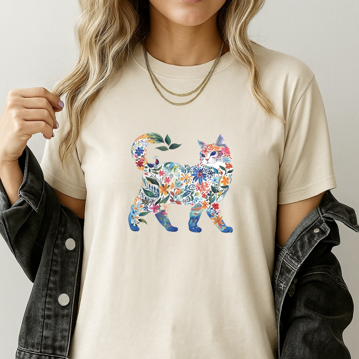 Floral Cat DTF Iron-On Transfer Decal ， Vibrant Watercolor Cat Art Sticker ， DIY Craft Supply for Apparel & Home Decor Eye， Catching Floral Silhouette Decal with Bold Orange Pink Blue Colors, Easy to Apply Watercolor Sticker