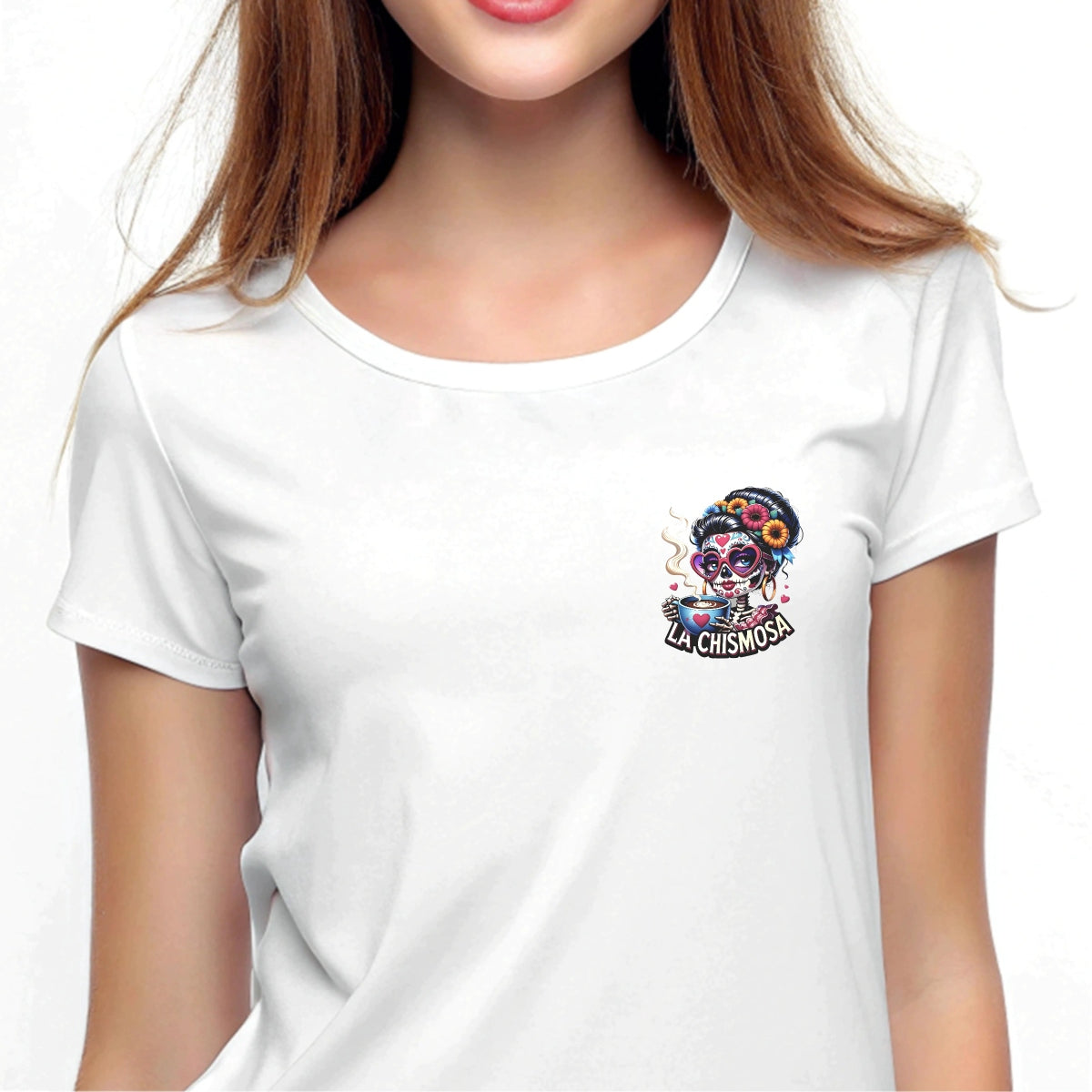 DTF Heat Transfer Iron On Sticker ，LA CHISMOSA Retro Halloween Merch for Clothing, Tote Bags, Party Decor , High Saturation Colors Skull Sticker with Pink Heart Sunglasses and Golden Hoop Earrings