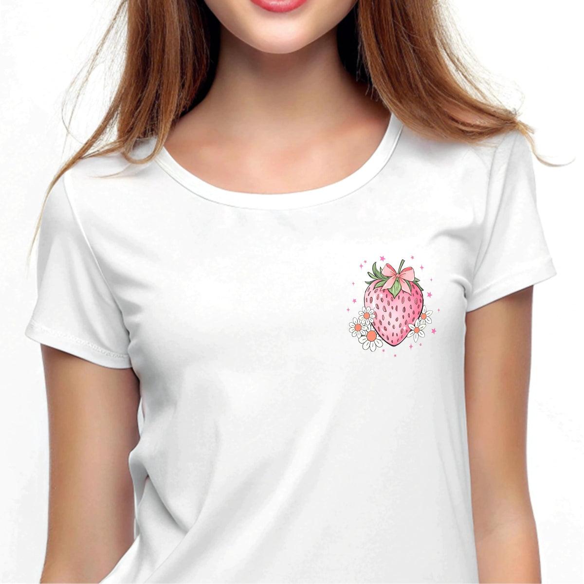 DTF Heat Transfer Iron On Sticker ， Heart-Shaped Strawberry with Bow and Daisies,   Feminine Home Decor and Clothing Accent Sticker for T-Shirts, Hoodies, Aprons