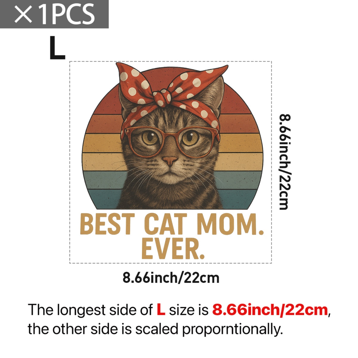 Retro Best Cat Mom Ever Iron-On Transfer – Realistic Tabby Cat with Glasses & Bandana | Heat Press Decal for T-Shirts, Bags & Gifts