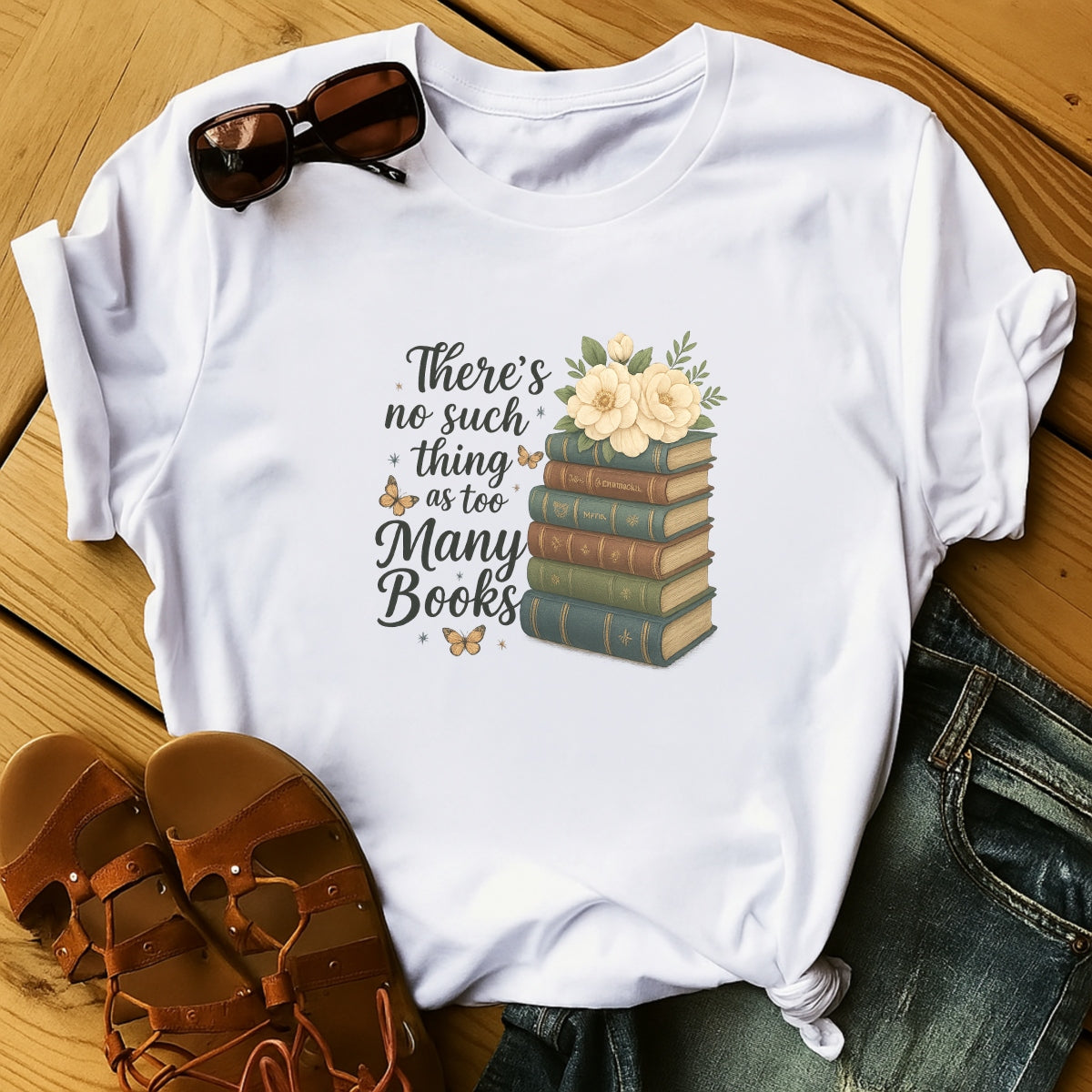 DTF Heat Transfer Iron On Sticker，Vintage Book Stack with Flowers & Butterflies Design for Book Lovers, Aesthetic Library Decor, DIY Reading Shirt or Tote