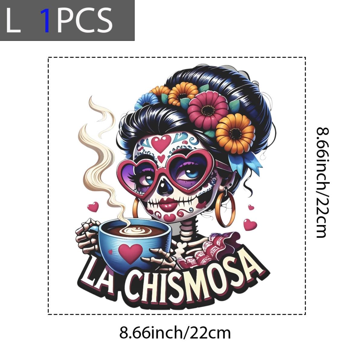 DTF Heat Transfer Iron On Sticker ，LA CHISMOSA Retro Halloween Merch for Clothing, Tote Bags, Party Decor , High Saturation Colors Skull Sticker with Pink Heart Sunglasses and Golden Hoop Earrings