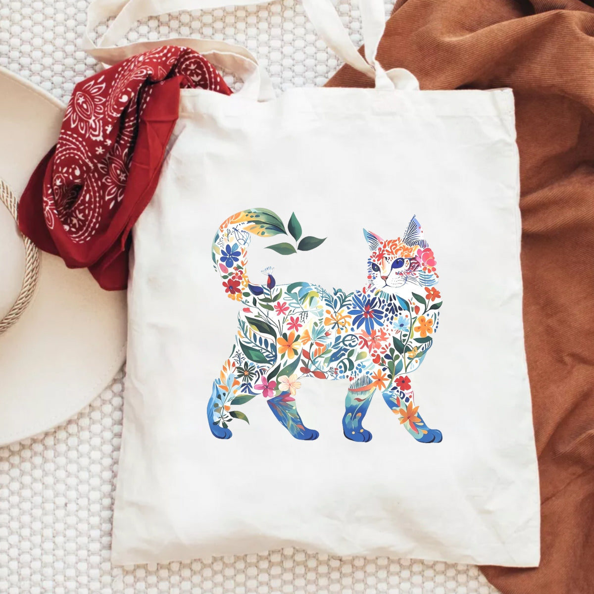 Floral Cat DTF Iron-On Transfer Decal ， Vibrant Watercolor Cat Art Sticker ， DIY Craft Supply for Apparel & Home Decor Eye， Catching Floral Silhouette Decal with Bold Orange Pink Blue Colors, Easy to Apply Watercolor Sticker